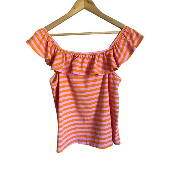 Cato Size XL Pink Orange Striped Ruffle Top Square Neck - Picture 2 of 6